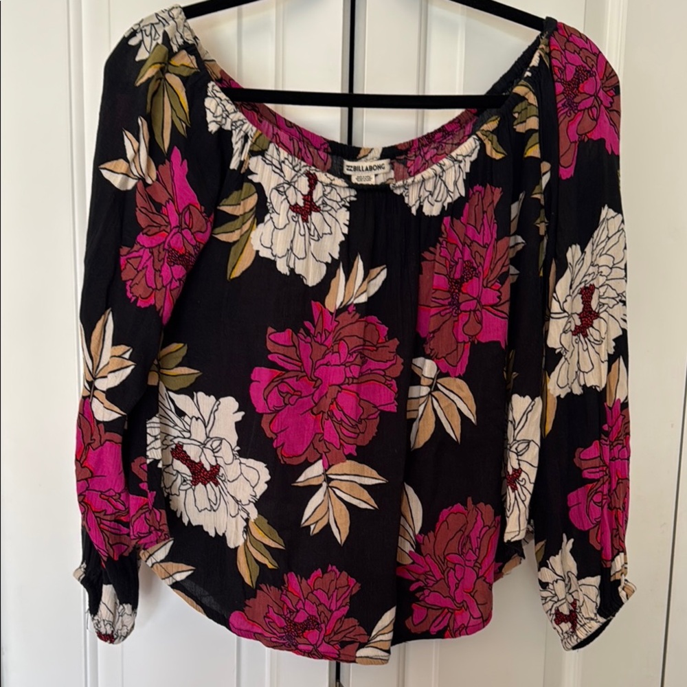 Billabong Off shoulder Floral Blouse 3/4 Sleeve Relaxed Fit Medium